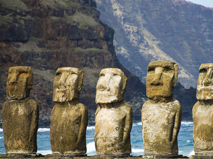 The Tongariki Moais on Easter Island, which sit on a cliff overlooking the ocean.. 