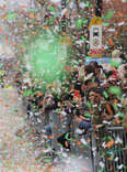 Confetti flies after Gov. Charlie Baker and Boston Mayor Michelle Wu cut the opening ribbon to start Bostons St. Patricks Day Parade in South Boston on March 20, 2022.