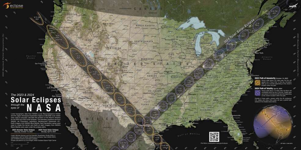 A map of the annual eclipse and total solar eclipse in the United States for 2023 and 2023.