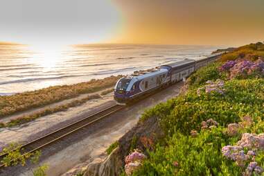 An Amtrak train on a spring day.