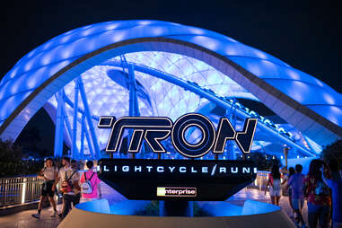 Outside the TRON/Lightcycle Run roller coaster at Tomorrowland in Magic Kingdom at Disney World in Orlando