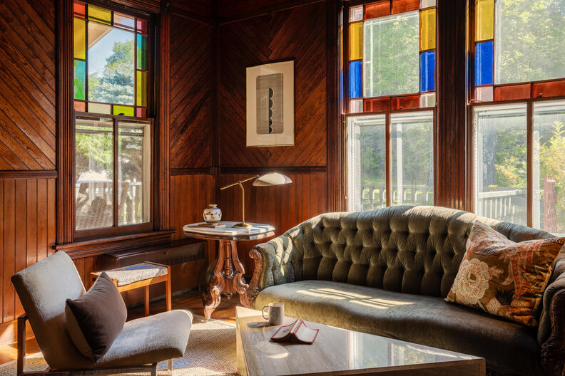 Inside the lounge area of the Hotel Lilien at the Catskills