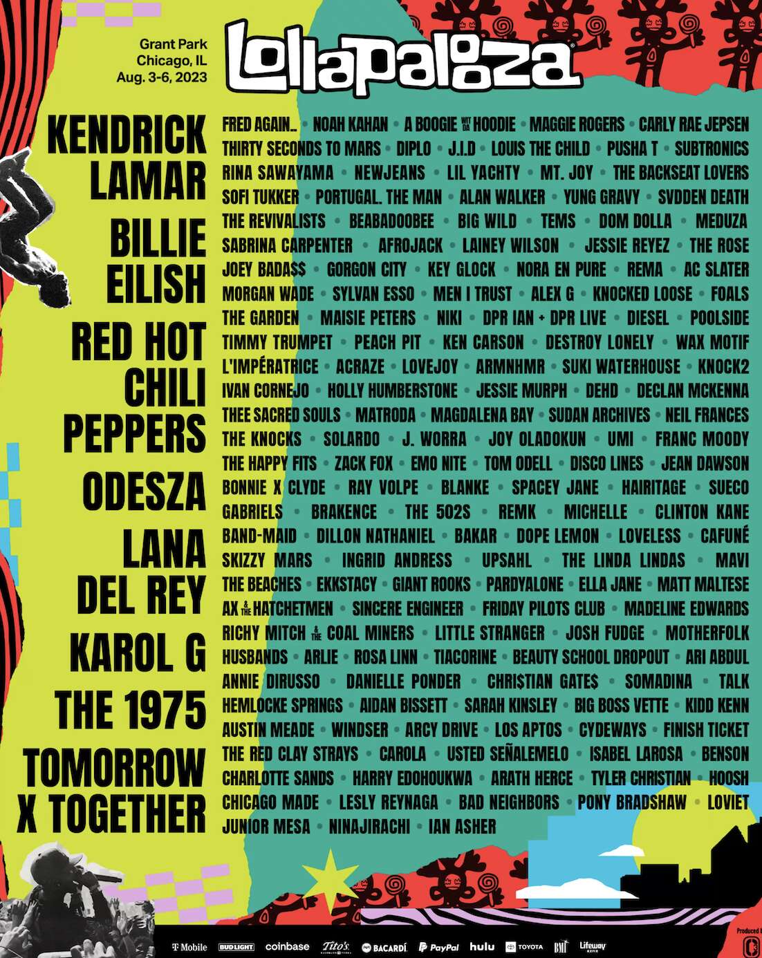 The Lollapalooza Music festival lineup poster. 
