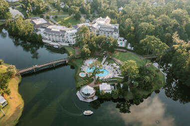 Montage Palmetto Bluff luxury hotel in South Carolina seen from an aerial shot