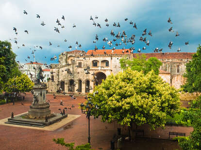 Doves flying over main square, Santo Domingo, Dominican Republic