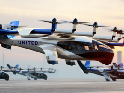 A United Electric Air Taxi taking off.