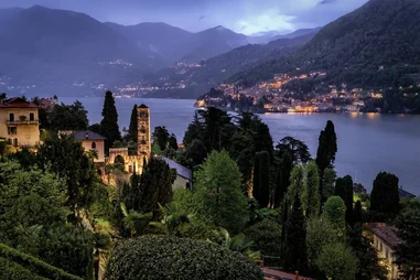 The Passalacqua hotel overlooking Lake Como, in Italy at night.