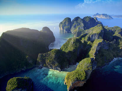 An aerial view of Krabi-Koh Phi Phi Le during a cloudless sunny day.