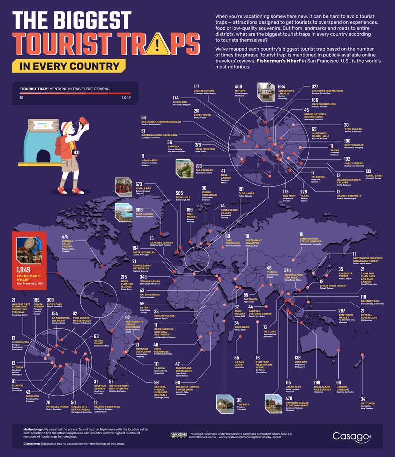 A map of the biggest tourist traps in every country.