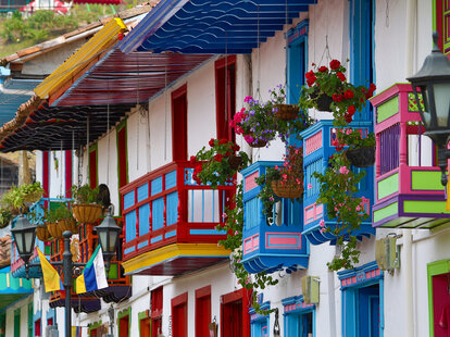 Colorful colonial style balconies in Salento, Colombia