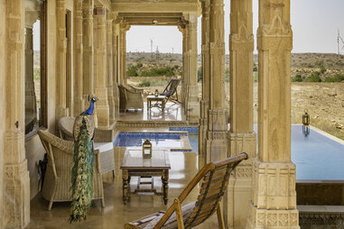 Pool at Suryagarh Jaisalmer with peacock