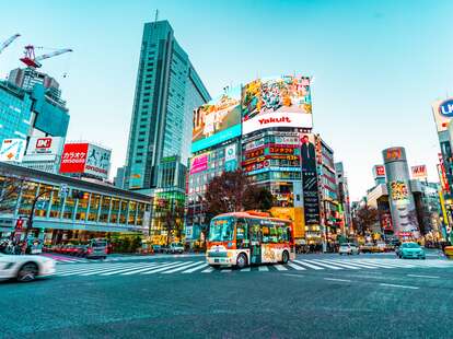 An intersection on the streets of Shibuya, in Tokyo, Japan.