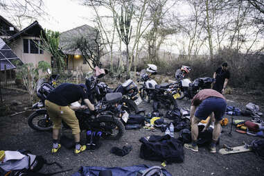 Packing up motorcycles with gear and equipment