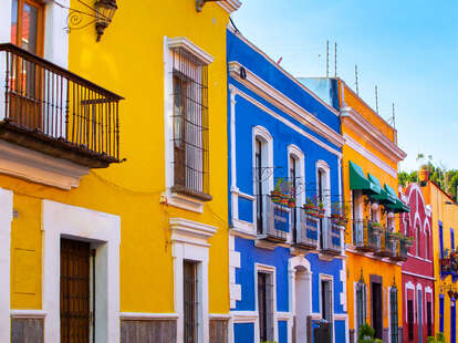 Streets of the center of the city of Puebla, Mexico, various facades with bright colors and beautiful views