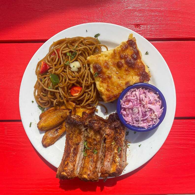 A meal of ribs, macaroni, cole slaw and plantains at Captain’s Rib Shack in Philipsburg, Sint Maarten