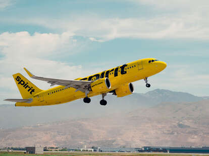 A Spirit Airlines plane in the sky