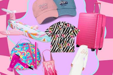 A collage of Barbiecore products for travel and summer vacation. 