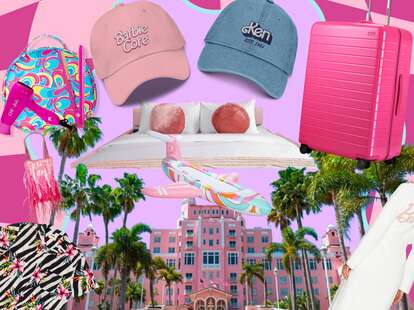 A collage of barbie themed products and pink hotels and vacation rentals