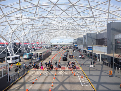 An aerial view of the Hartsfield-Jackson Atlanta International Airport in Atlanta, Georgia.