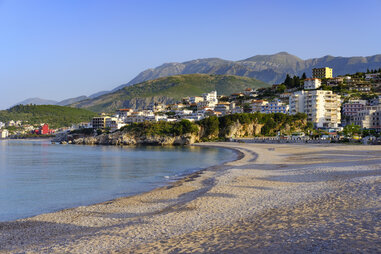 Scenic seascape of Albanian Riviera in Himara town.