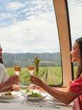 A couple sitting together in a glass domed train, sipping wine as they take the Napa Valley Wine Train through a vineyard. 