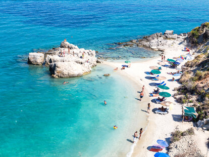 Xigia sulphur beach in summer, elevated view, in Zakynthos, Greece