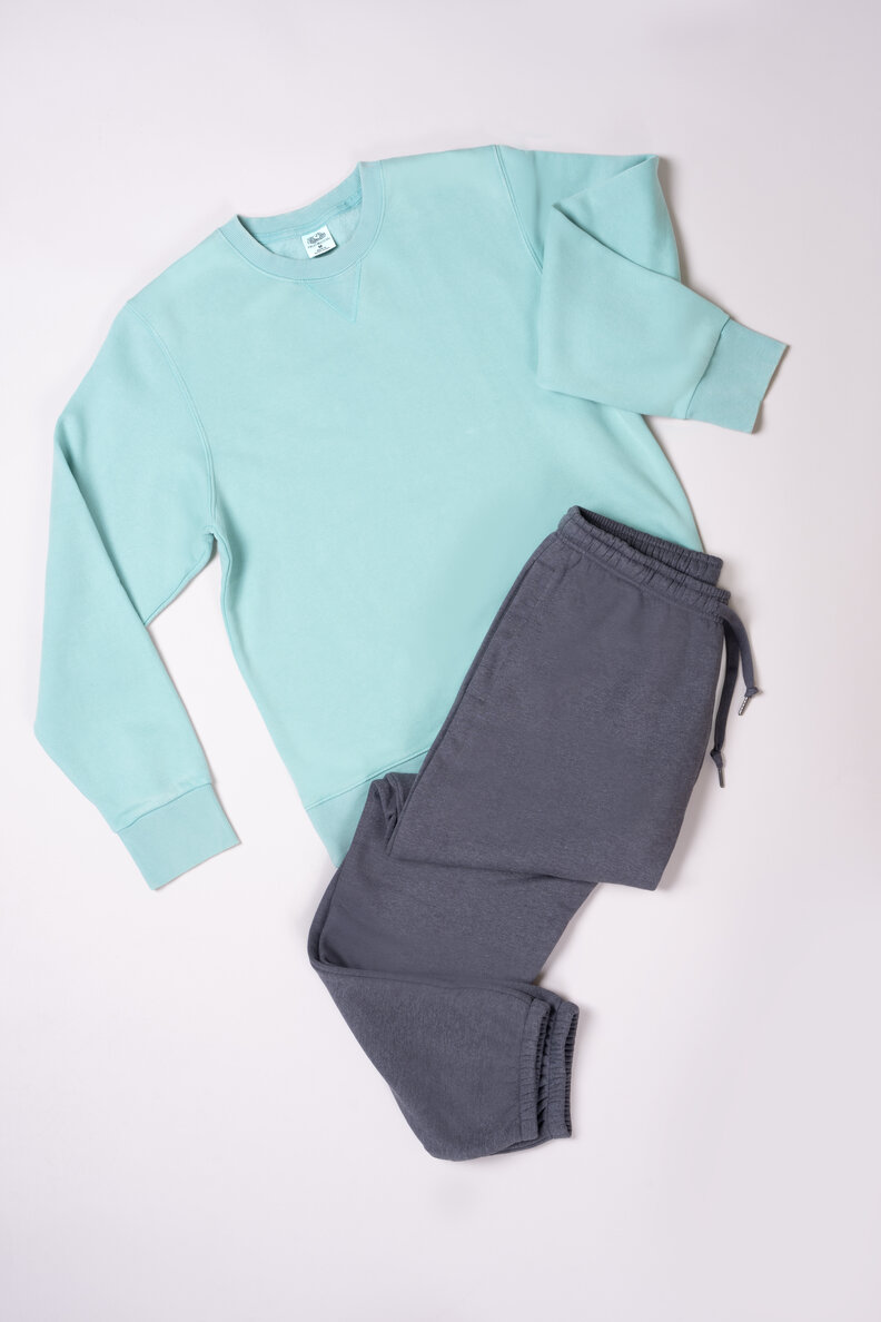 A blue and dark grey sweatsuit.