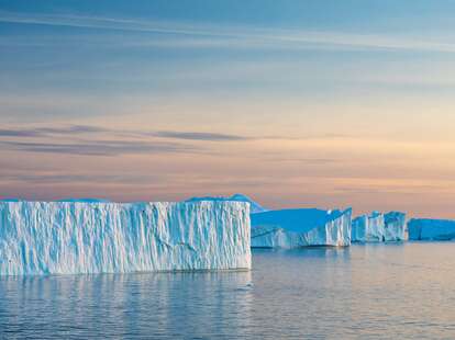 A glacier at sunset in Greenland.
