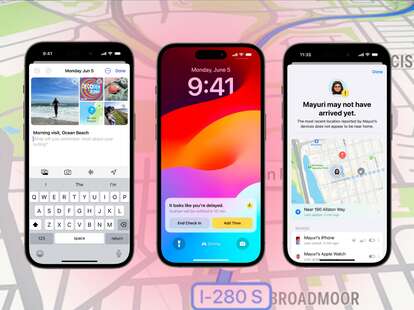 Apple iPhone phone screens displaying new features on Apple iOS 17, for WWDC23. 