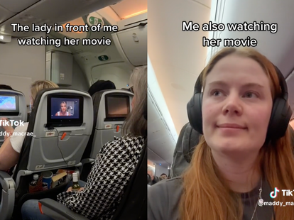 TikTok screenshots of person watching another passenger’s movie on a plane