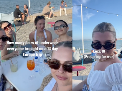 TikTok video selfie of young women in sunglasses sitting at a restaurant seaside in Europe.