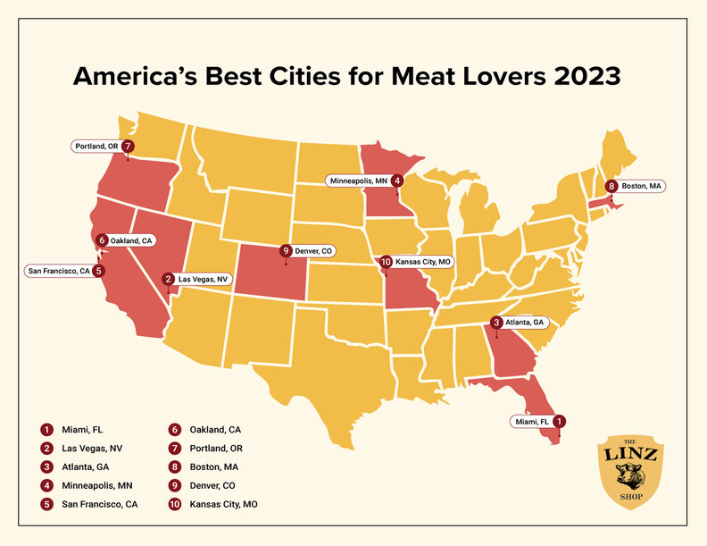 A map of the best cities for eating meat in the United States.