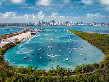 Aerial View of Biscayne Bay and the Miami Skyline.