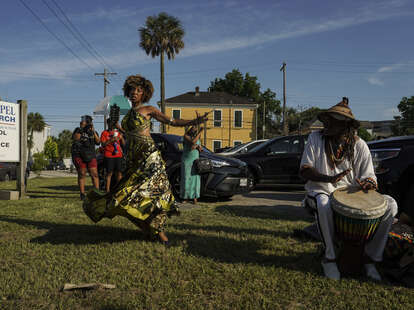 Prescylia Mae dancing at the historic Reedy Chapel after the Juneteenth Emancipation March in Galveston, Texas. 