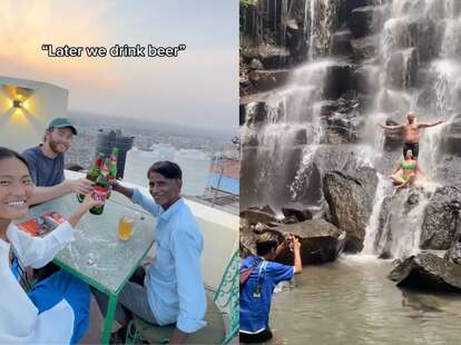 Two images; the first shows three people drinking beer on a rooftop, the second show a person taking a photograph of two others in a waterfall.