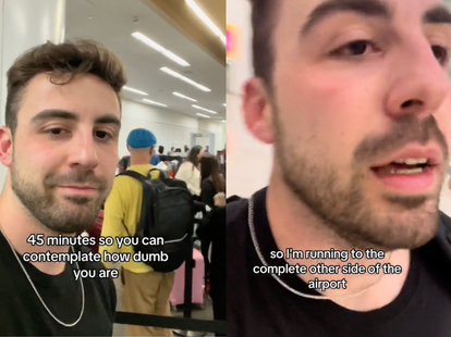 Screenshots of a white man frantically running through the airport after dealing with TSA.