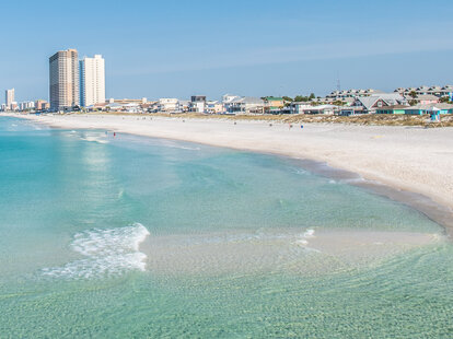 Panama City Beach’s emerald waters and white sand beaches in Bay County, Florida.