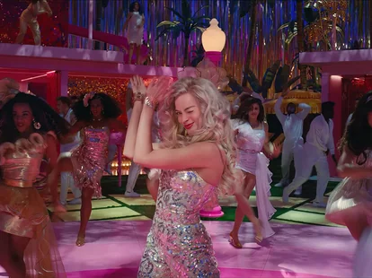 A photo still from a dance scene in the Barbie Movie, starring Margot Robbie.