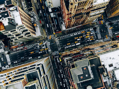 Aerial view of New York downtown building roofs.