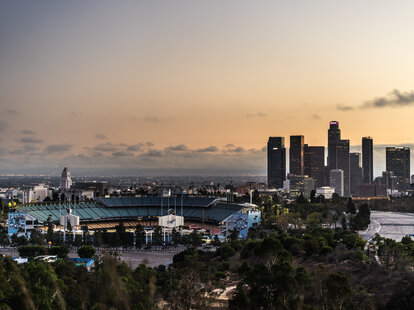 dodger stadium and downtown LA at sunset