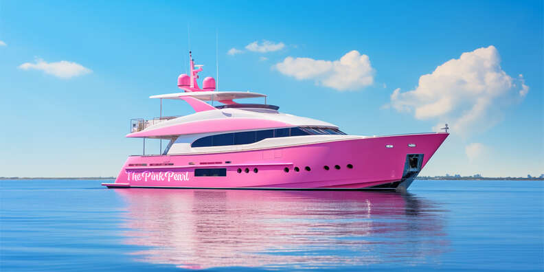 An ultra pink yacht in the water. 