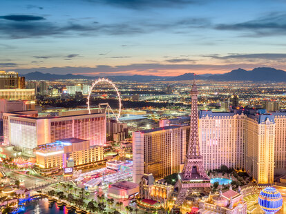 Las Vegas, Nevada, skyline over the strip at dusk.