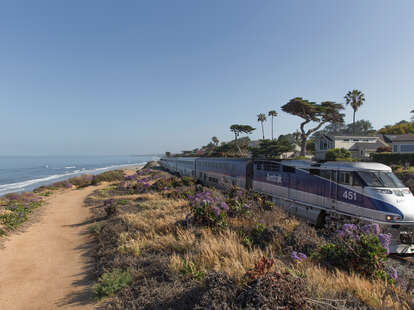 The Amtrak travels along the coast of California Southbound.