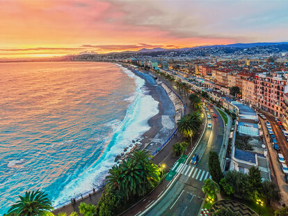 The coastline of Nice, France in the evening after sunset.