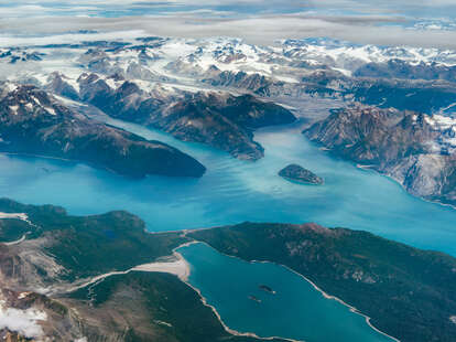 Beautiful aerial view of the fjords while flying from Anchorage to Juneau in Alaska, USA.