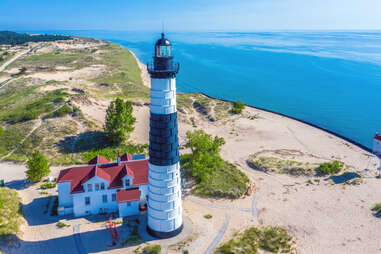 aerial view of big sable lighthouse in ludington state park