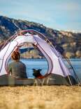 Woman and dog in tent