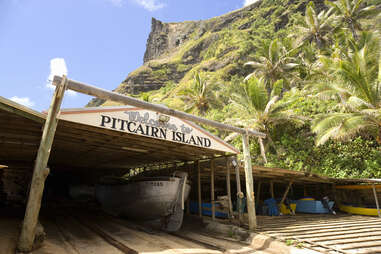 boatyard that says "welcome to pitcairn island"