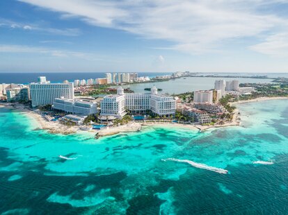 Aerial panoramic view of Cancun beach and city hotel zone in Mexico.