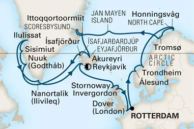 A map of the 28-day Arctic Circle cruise from Holland America Line.